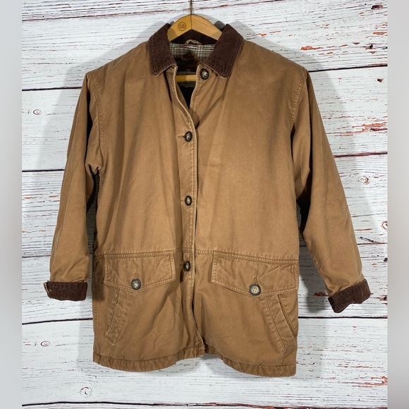 St. John's Bay Jackets & Blazers - St Johns Bay Womens Medium Barn Jacket Chore Coat Tan Brown Plaid Flannel Lined